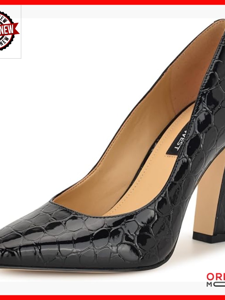 Black Faux Patent Leather Block Heel Pumps, Slip-On Formal Shoes
